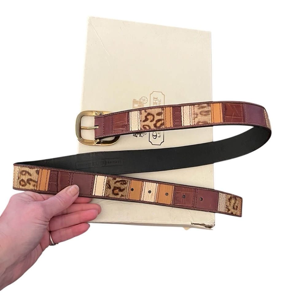 Fossil Brown and Black animal print leather belt brass hardware - Picture 2 of 7